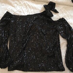 Women’s Black Sequin One-Shoulder Top with Bow Accent